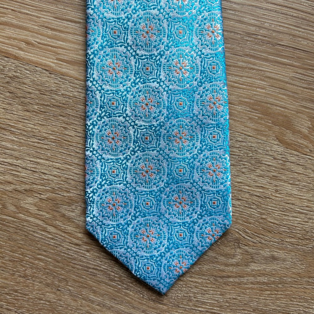 Countess Mara Mens Silk Tie Turquoise Blue Geometric Medallion Jacquard Silk